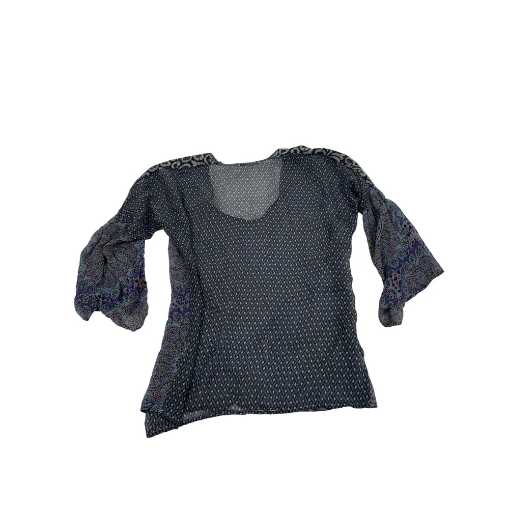 Language Women Purple Blue Mixed Print Boho Bell Sleeve Sheer Blouse Small